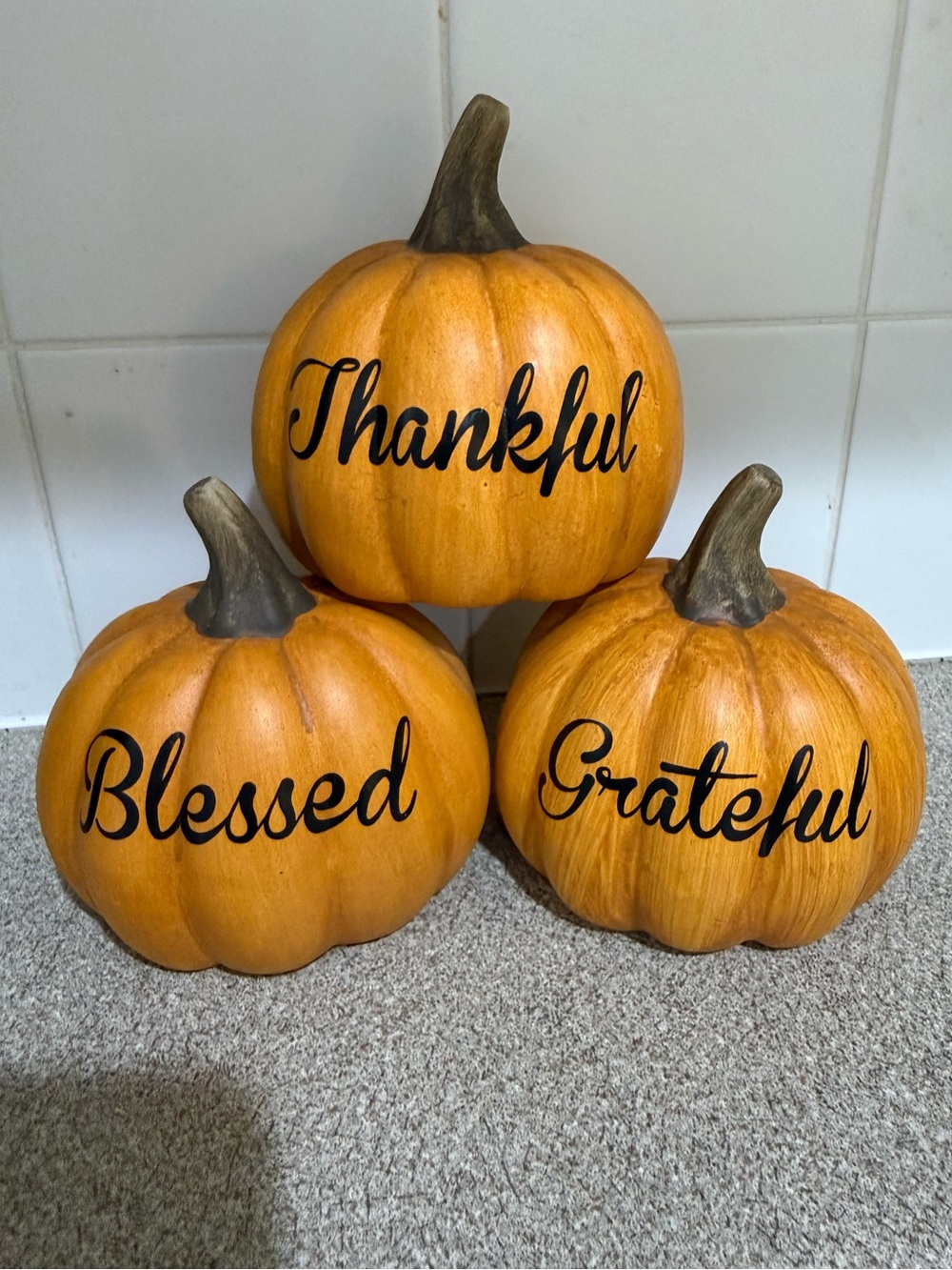 Thankful Blessed Grateful ceramic Pumpkin Trio - Orange Fall Decor NEW